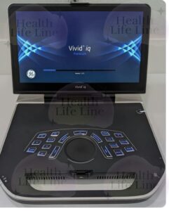 GE Vivid iq Premium Ultrasound Machine in use for cardiovascular imaging.