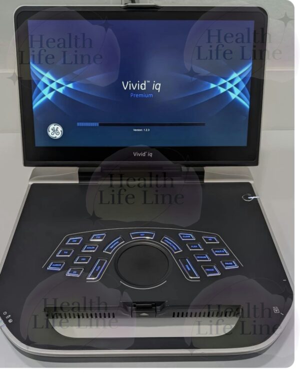 GE Vivid iq Premium Ultrasound Machine in use for cardiovascular imaging.
